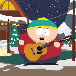 An animated image in the South Park style, featuring Cartman playing an acoustic guitar with great enthusiasm