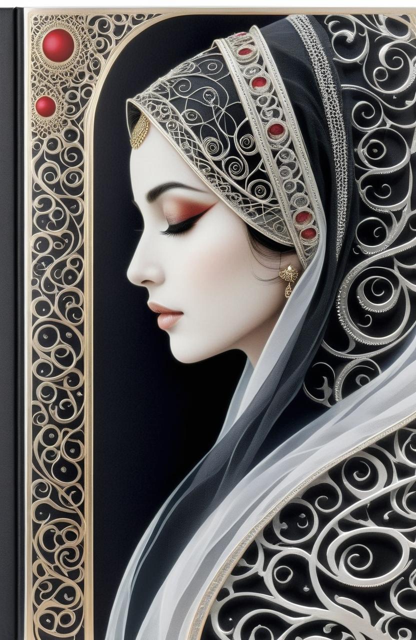 The image shows the complete design of a book cover (front and back cover).
Cover: A female figure in profile, with a serene face, closed eyes, and defined eyelashes. Her head is downward, signaling submission or prayer. Put vibrant red dots appear on her forehead. Her hair is detailed with intricate spirals and patterns, along with an elaborate hijab/veil with decorative motifs. Art Nouveau style: fine lines, dense ornamentation, and flowing lines. The monochrome palette (black/white) uses moderate contrast, adding shimmering golden accents to her clothing. The background is moderately dark to highlight the figure. Emphasize details in her hair, ornaments, and forehead, along with a calm expression, blending classic elegance with a mystical air. Put vibrant red dots on her forehead