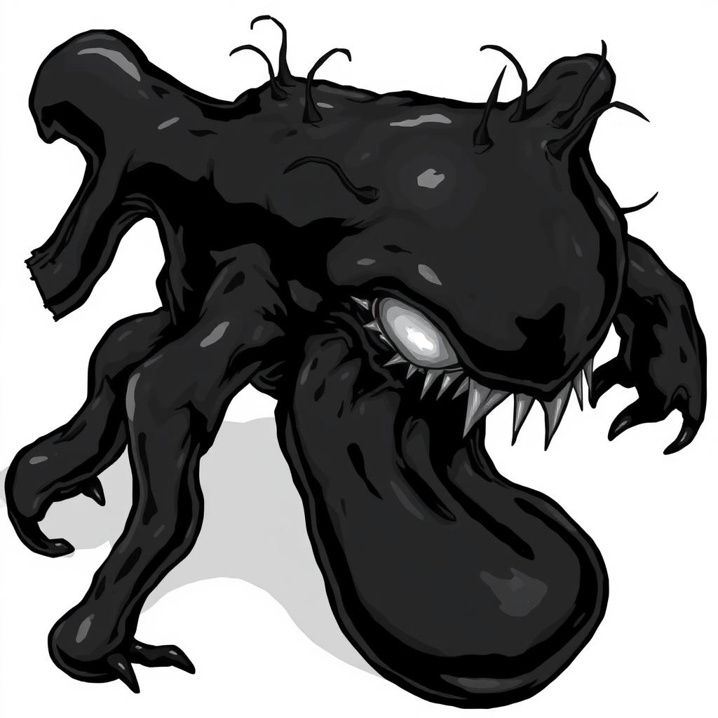 A dark, slimy creature with an irregular, amorphous shape, depicted in a 2D drawing style in black and white