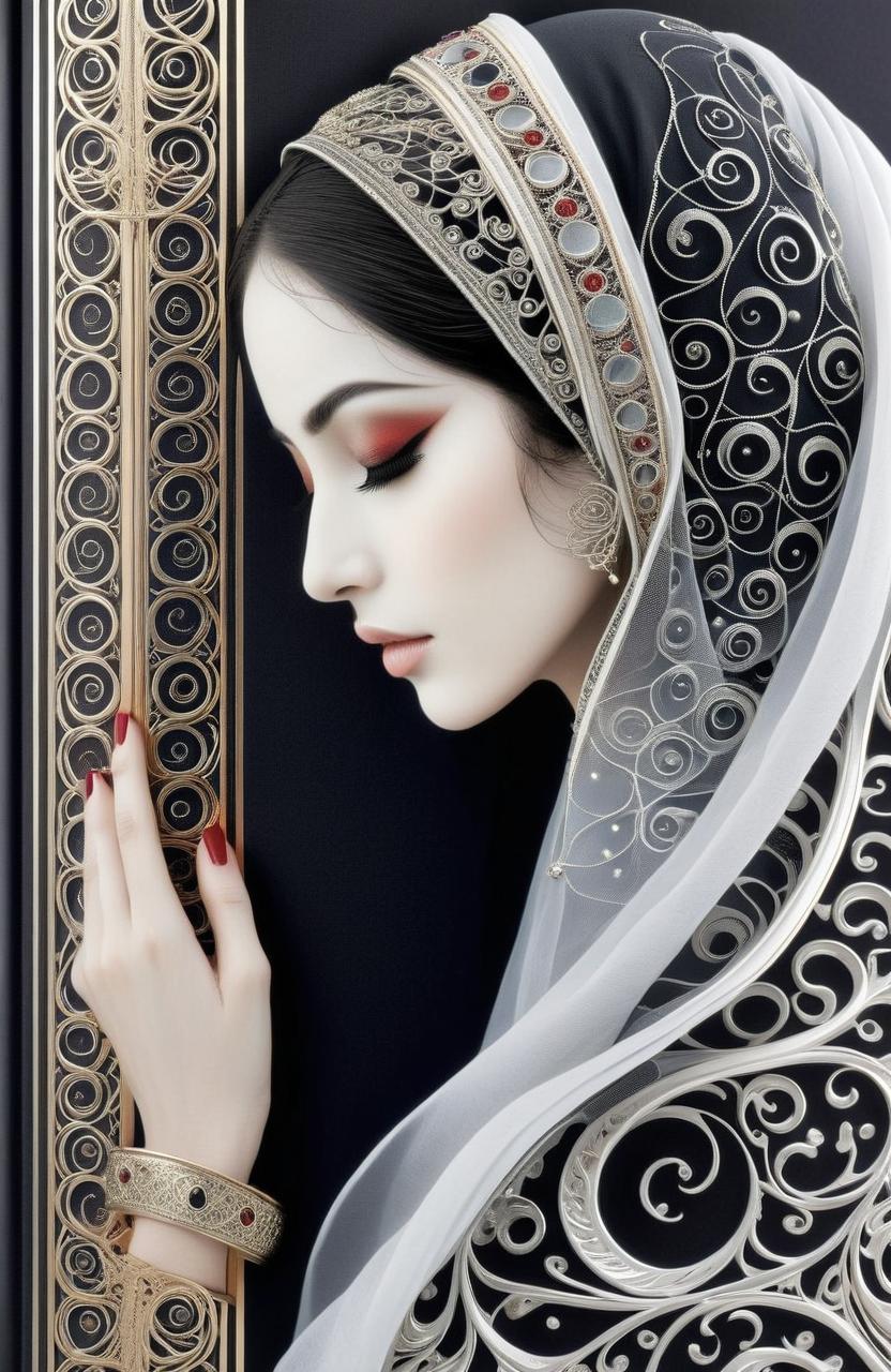 The image shows the complete design of a book cover (front and back cover).
Cover: A female figure in profile, with a serene face, closed eyes, and defined eyelashes. Her head is downward, signaling submission or prayer. Put vibrant red dots appear on her skin forehead. Her hair is detailed with intricate spirals and patterns, along with an elaborate hijab/veil with decorative motifs. Art Nouveau style: fine lines, dense ornamentation, and flowing lines. The monochrome palette (black/white) uses moderate contrast, adding shimmering golden accents to her clothing. The background is moderately dark to highlight the figure. Emphasize details in her hair, ornaments, and forehead, along with a calm expression, blending classic elegance with a mystical air. Put vibrant red dots on her skin forehead