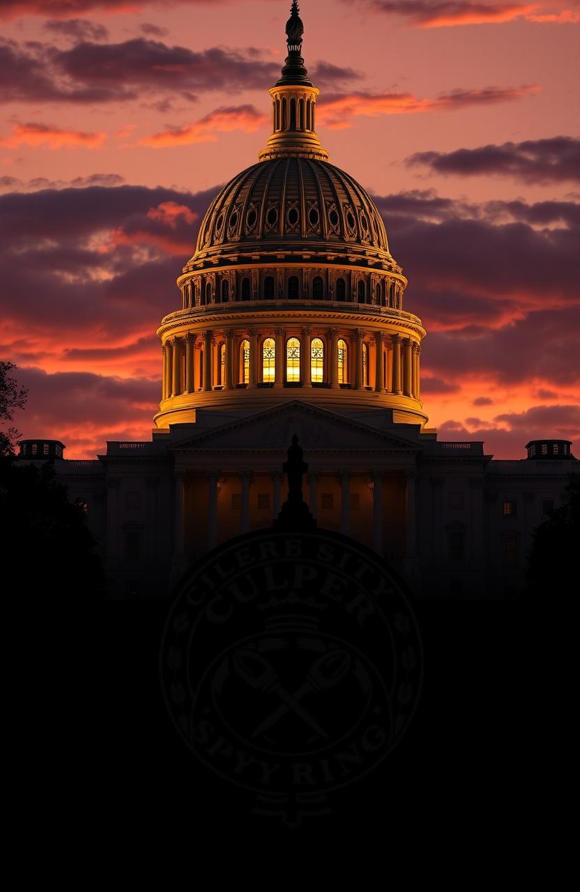 A detailed image depicting the United States Capitol building as the main focal point, set against a dramatic sunset sky