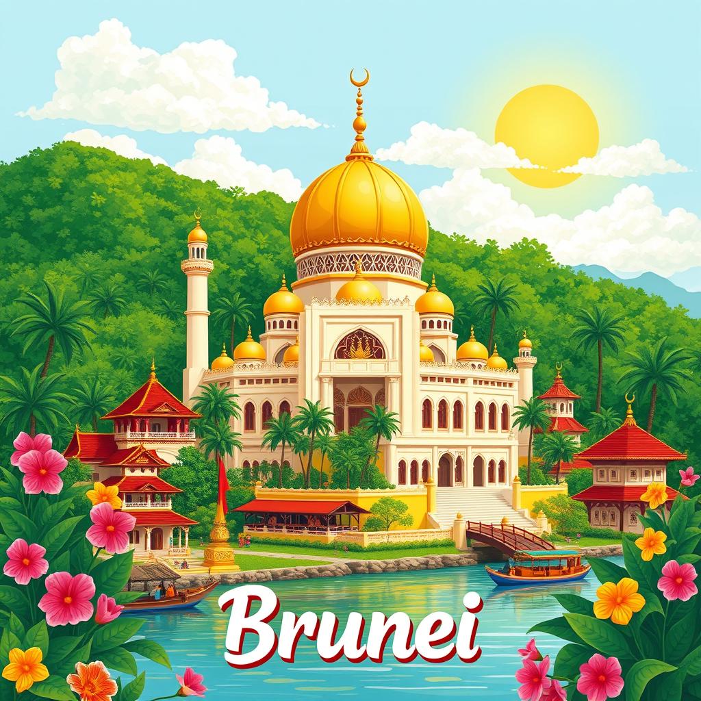 A vibrant and colorful illustration representing the culture and landscape of Brunei, featuring the iconic Sultan Omar Ali Saifuddien Mosque with its stunning golden dome, surrounded by lush greenery and tropical flowers