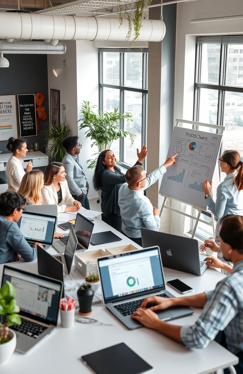 A busy office environment filled with diverse professionals working collaboratively