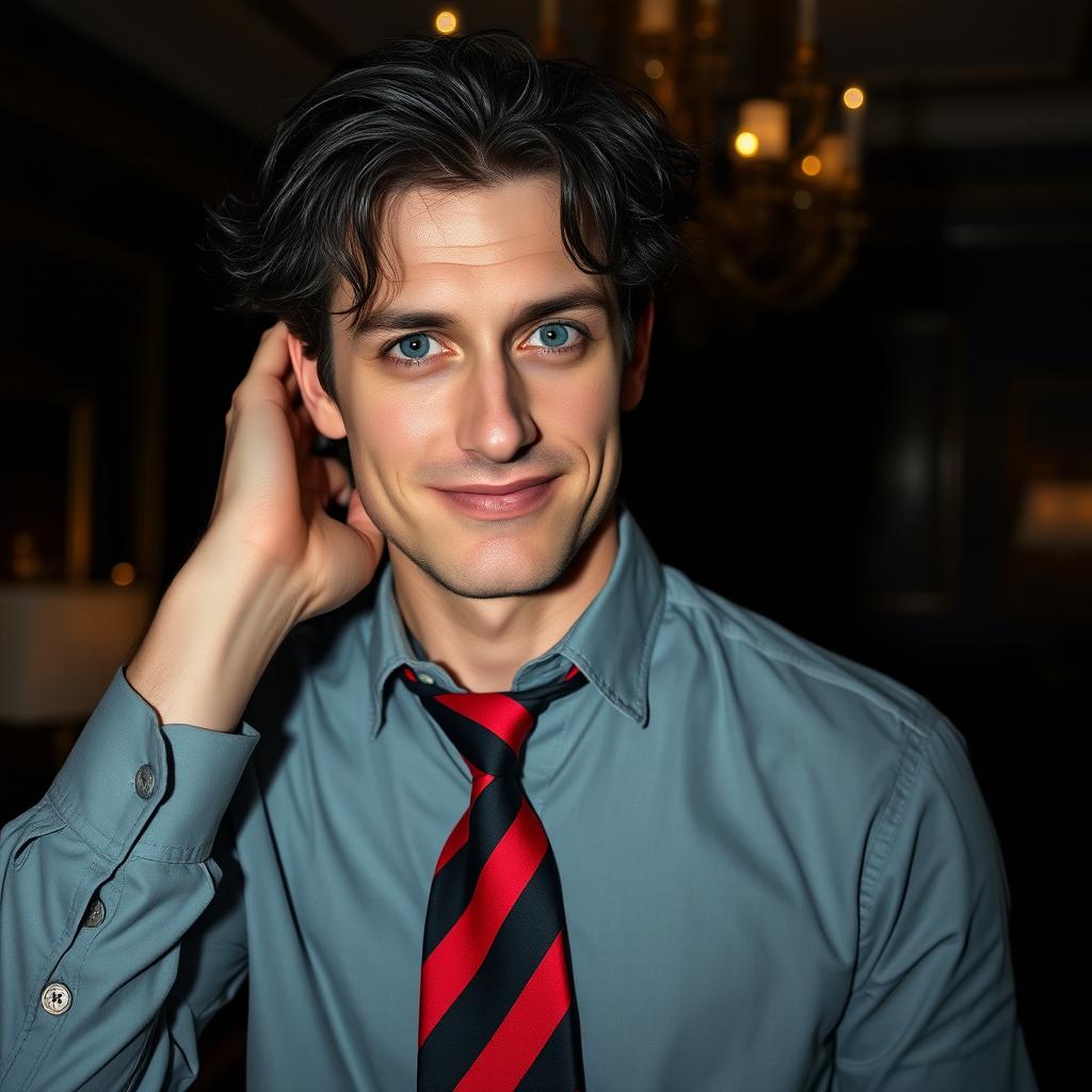 A pale man in his mid-thirties with wavy and messy black hair and striking blue eyes