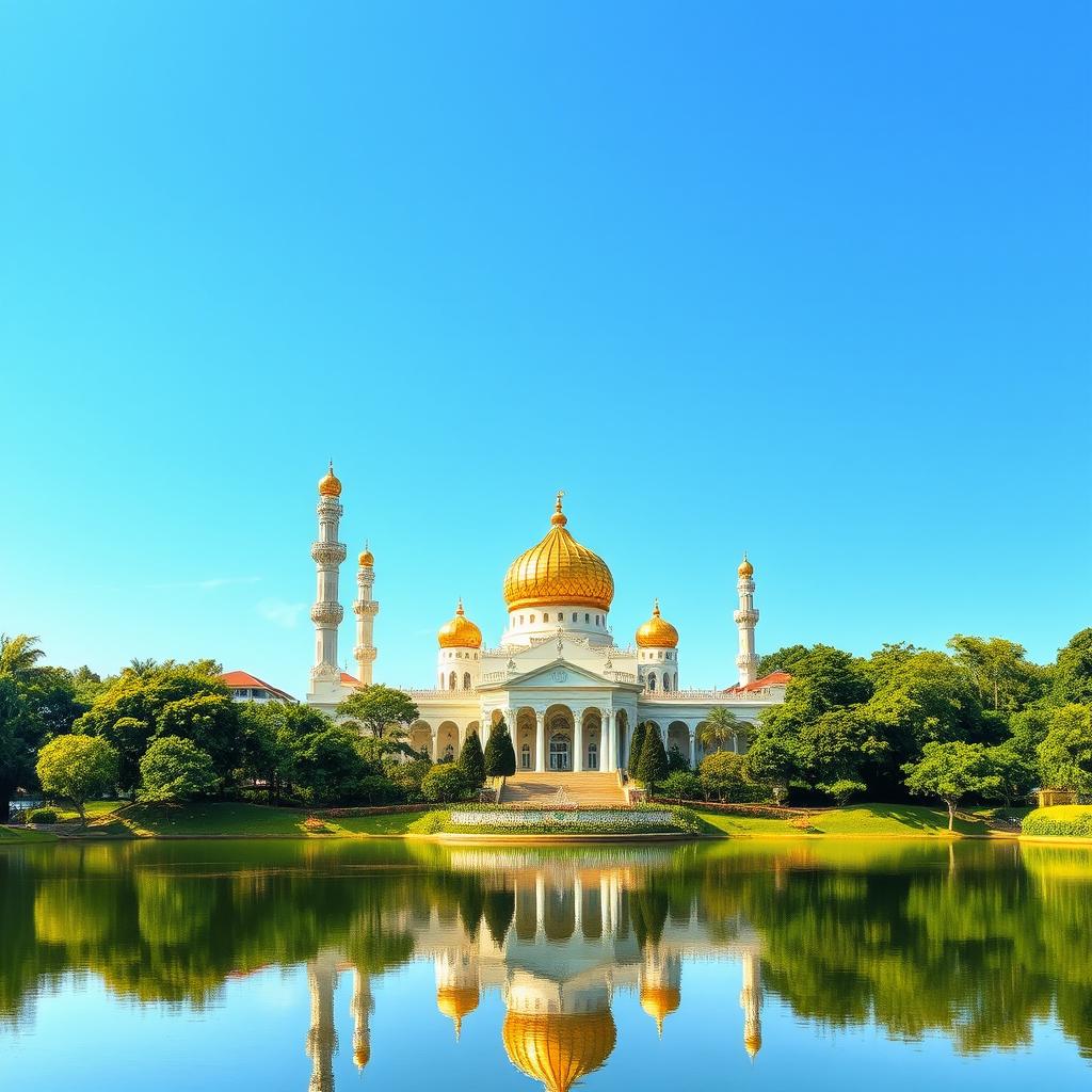 A stunning landscape of Brunei City showcasing the iconic Sultan Omar Ali Saifuddien Mosque, surrounded by lush greenery and reflecting on a peaceful lake