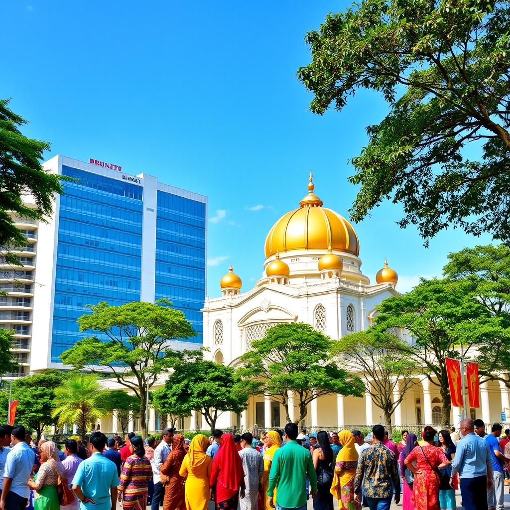 A picturesque scene of Brunei City, showcasing its stunning modern architecture alongside the magnificent Sultan Omar Ali Saifuddien Mosque, with its golden dome and intricate design