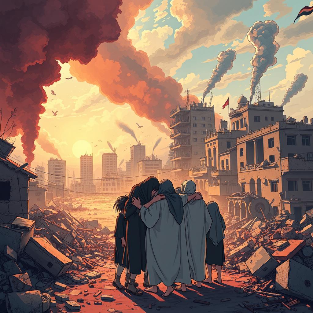 A vivid illustration representing the intense and tragic conflict in Gaza, focusing on the emotional impact of war
