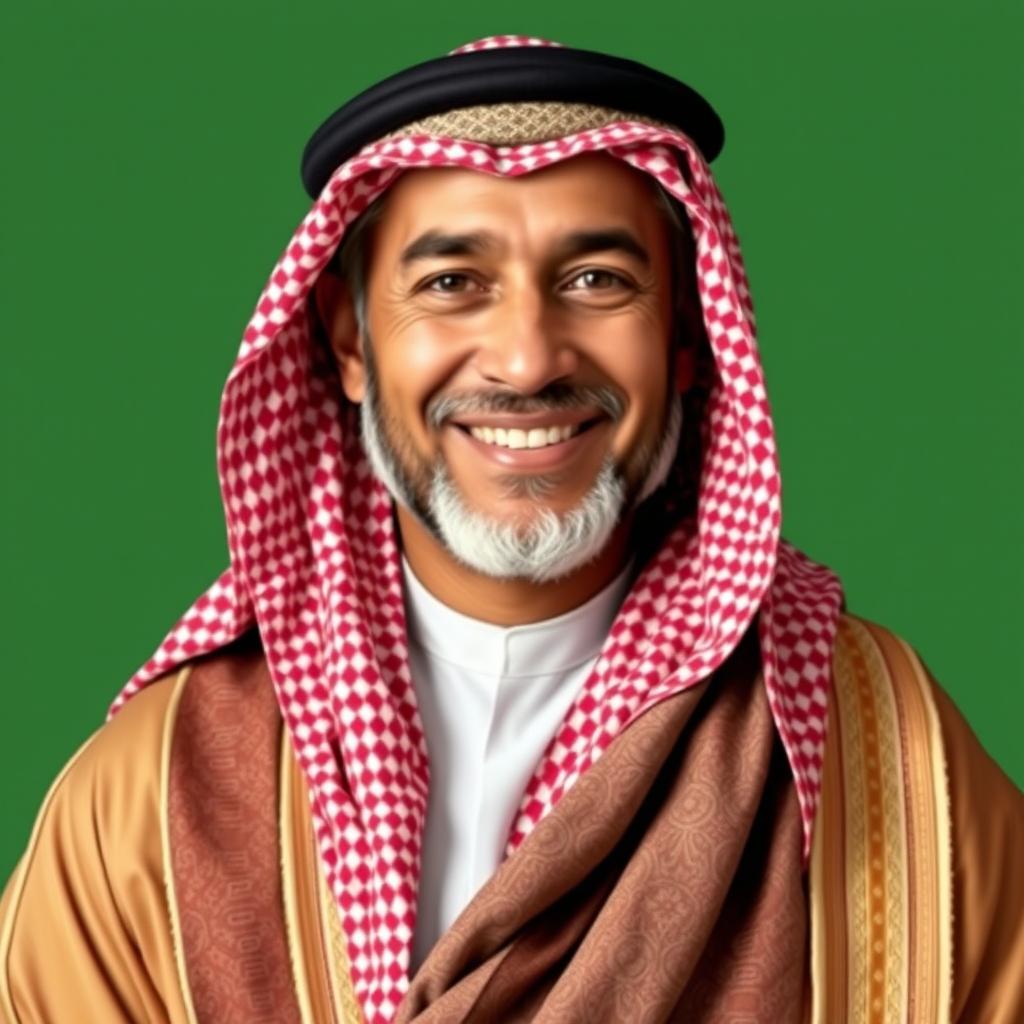 A portrait of an Arab man, wearing traditional attire with intricate patterns
