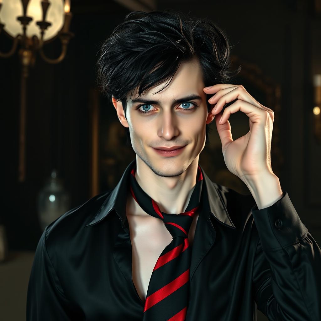 A pale man in his mid-thirties with wavy and messy black hair and captivating blue eyes