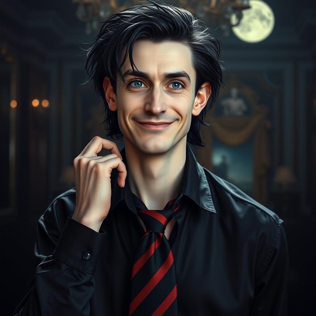 A pale man in his mid-thirties with wavy and messy black hair and captivating blue eyes