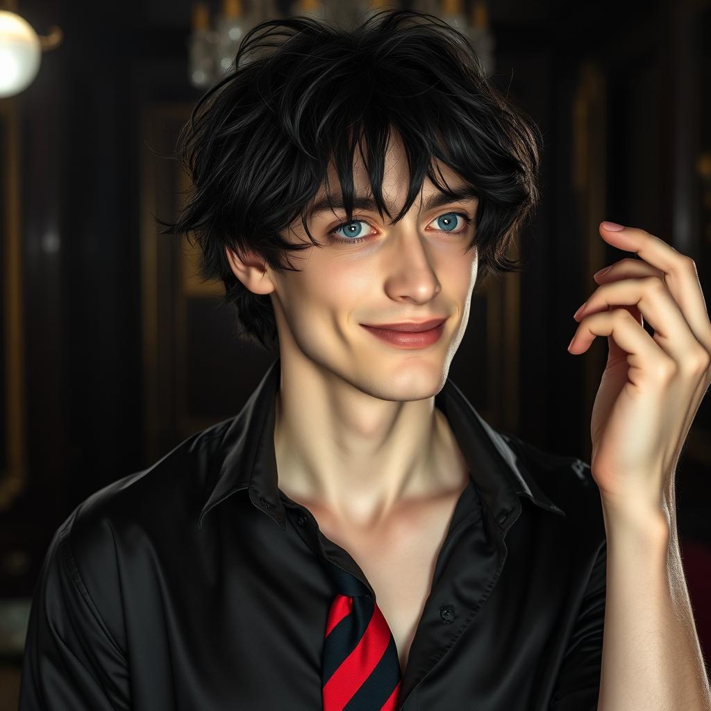 A pale man in his mid-thirties with wavy and messy black hair, featuring messy bangs that cover his forehead and partially obscure his striking blue eyes