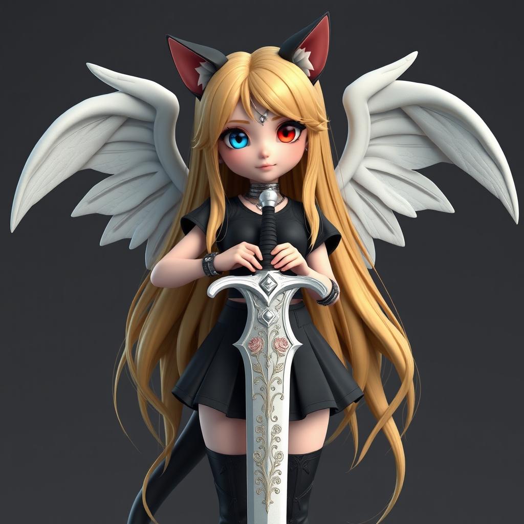 Lucy Pla, a beautiful girl with long golden hair, features enchanting mismatched eyes - one blue and the other red
