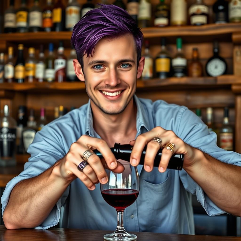 A purple-haired man in his late thirties, featuring striking blue eyes and an inviting smile that exudes warmth and friendliness