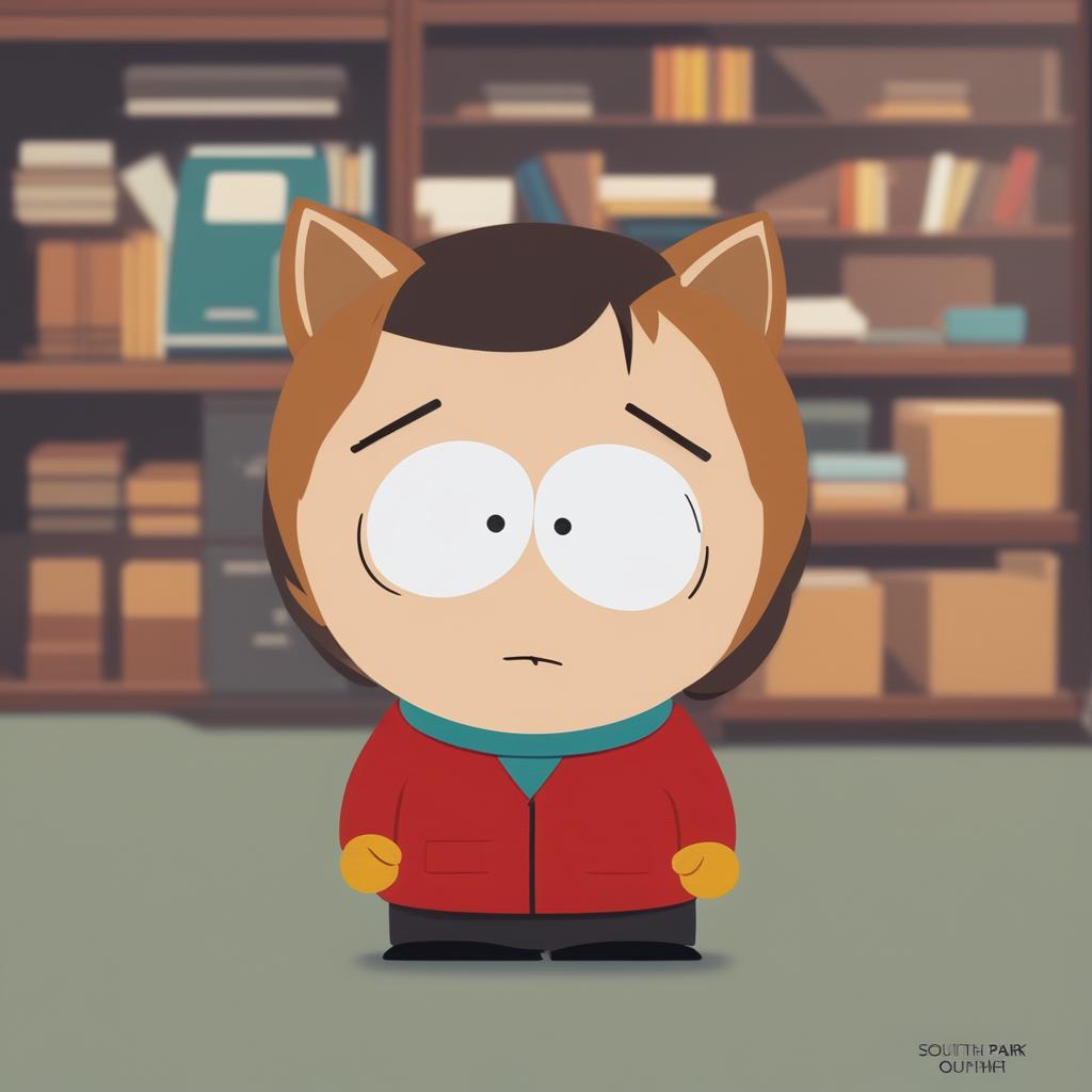 This is a high-quality digital art piece depicting Steve Jobs as a baby kitty cat in the style of a South Park character