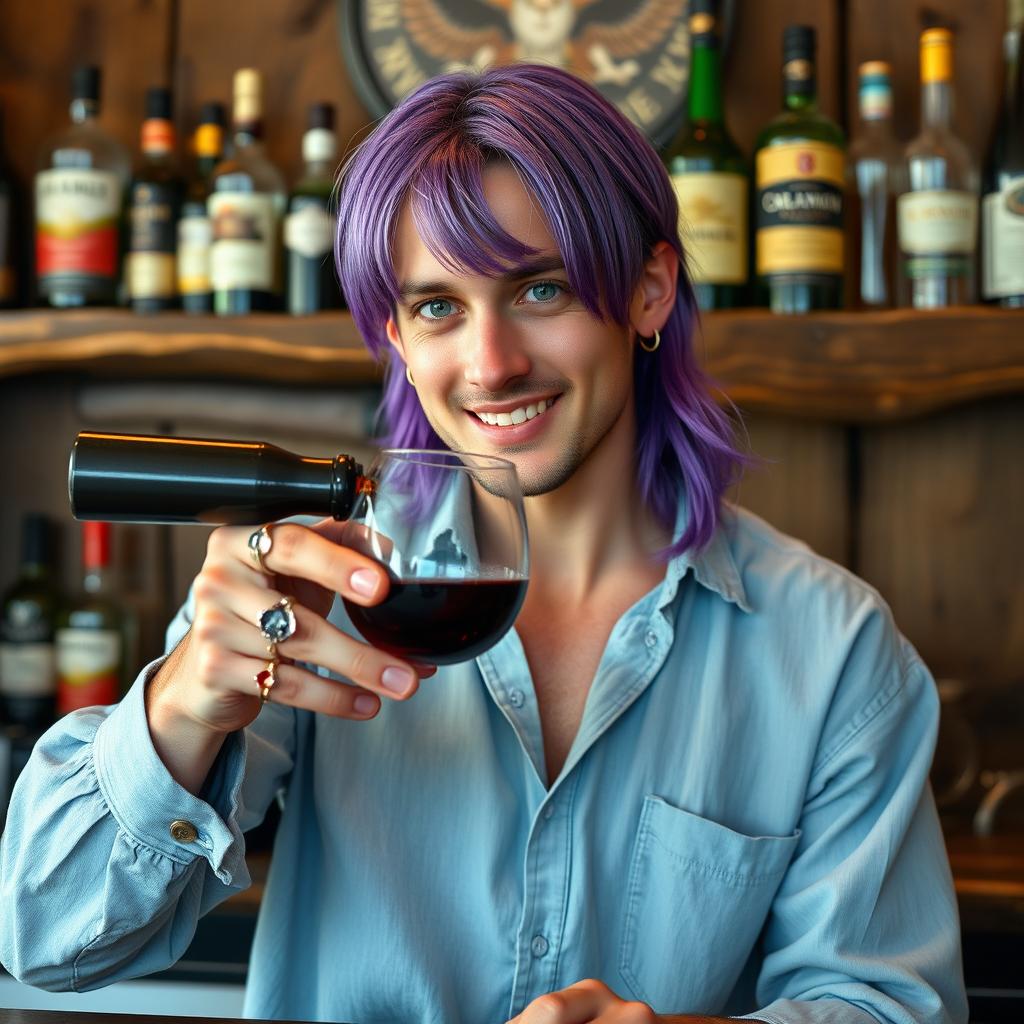 A purple-haired man with shoulder-length hair in his late thirties, featuring enchanting green-blue eyes and an inviting smile that radiates warmth