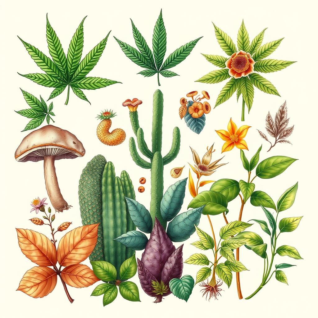 A vertically oriented rectangular image showcasing a variety of natural drugs and plants known for their psychoactive properties