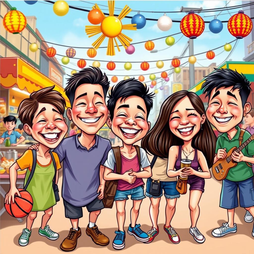 A vibrant caricature depicting Filipino youth engaged in various activities, showcasing their playful nature and cultural heritage