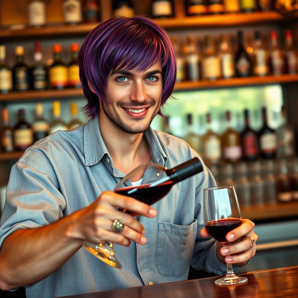 A purple-haired man with shoulder-length hair in his late thirties, showcasing captivating green-blue eyes and an inviting smile that exudes warmth