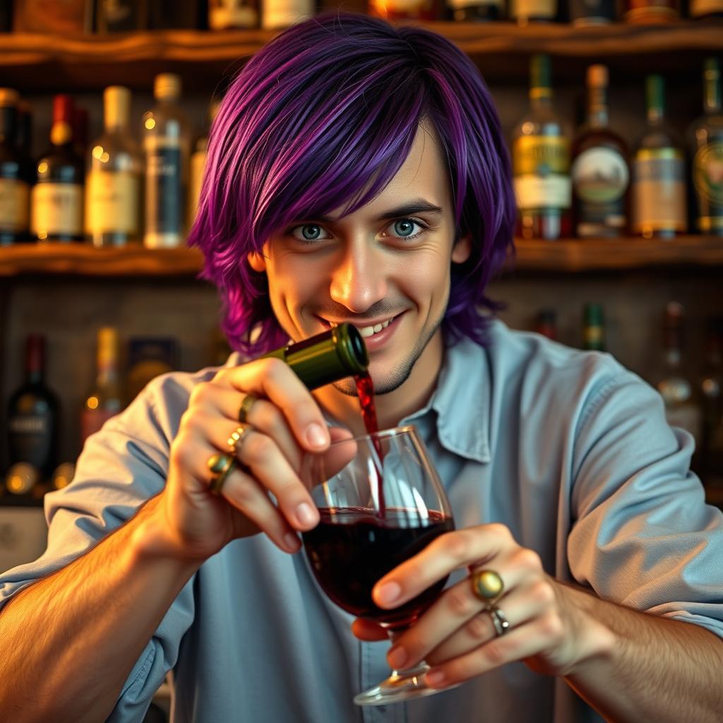 A purple-haired man with shoulder-length hair in his late thirties, sporting striking green-blue eyes and an inviting smile that radiates warmth