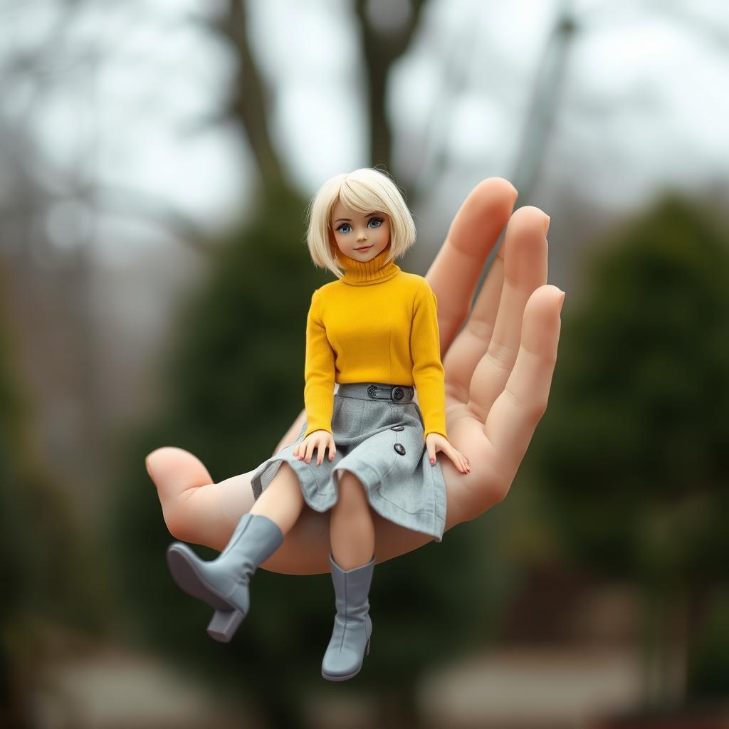 A blonde woman with short, shrunken hair wearing a vibrant yellow turtleneck, complemented by a stylish gray skirt and matching gray boots