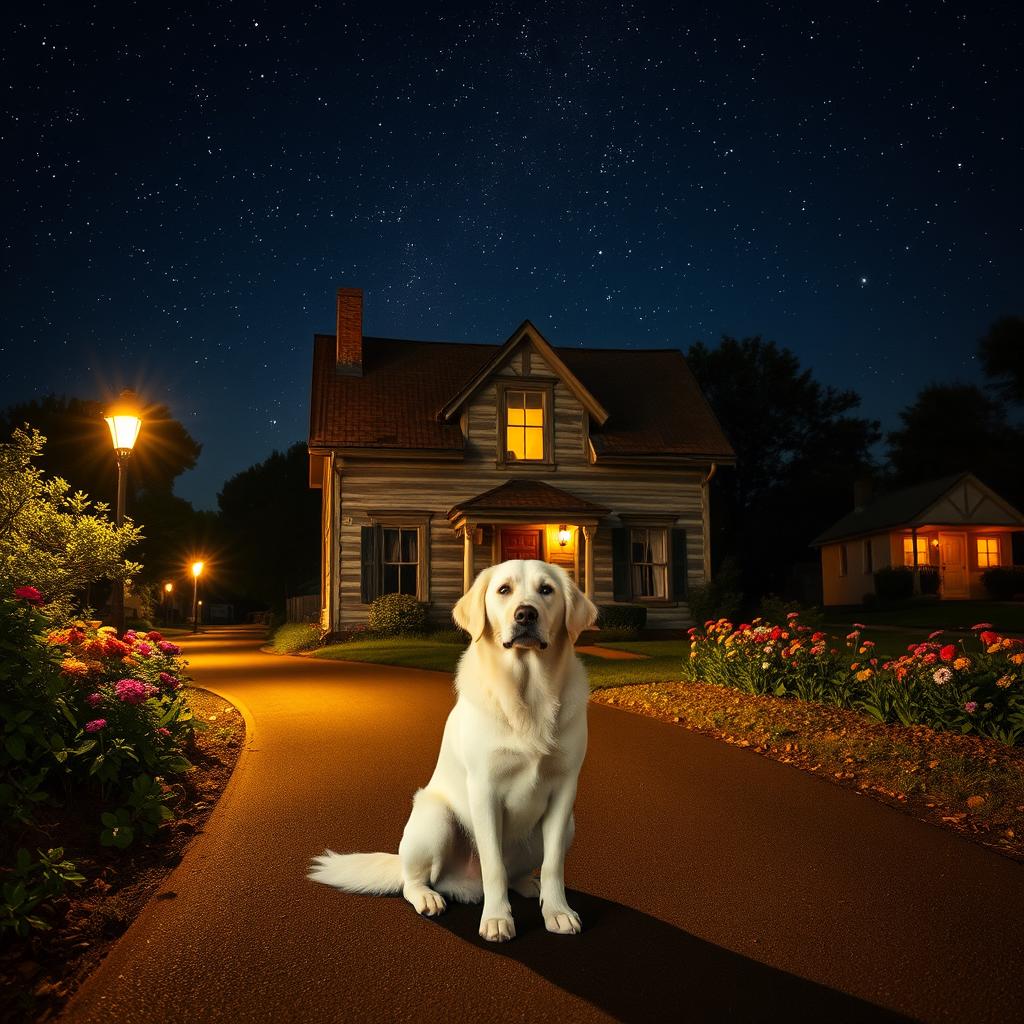 A dilapidated house under a starry night sky, surrounded by a peaceful atmosphere