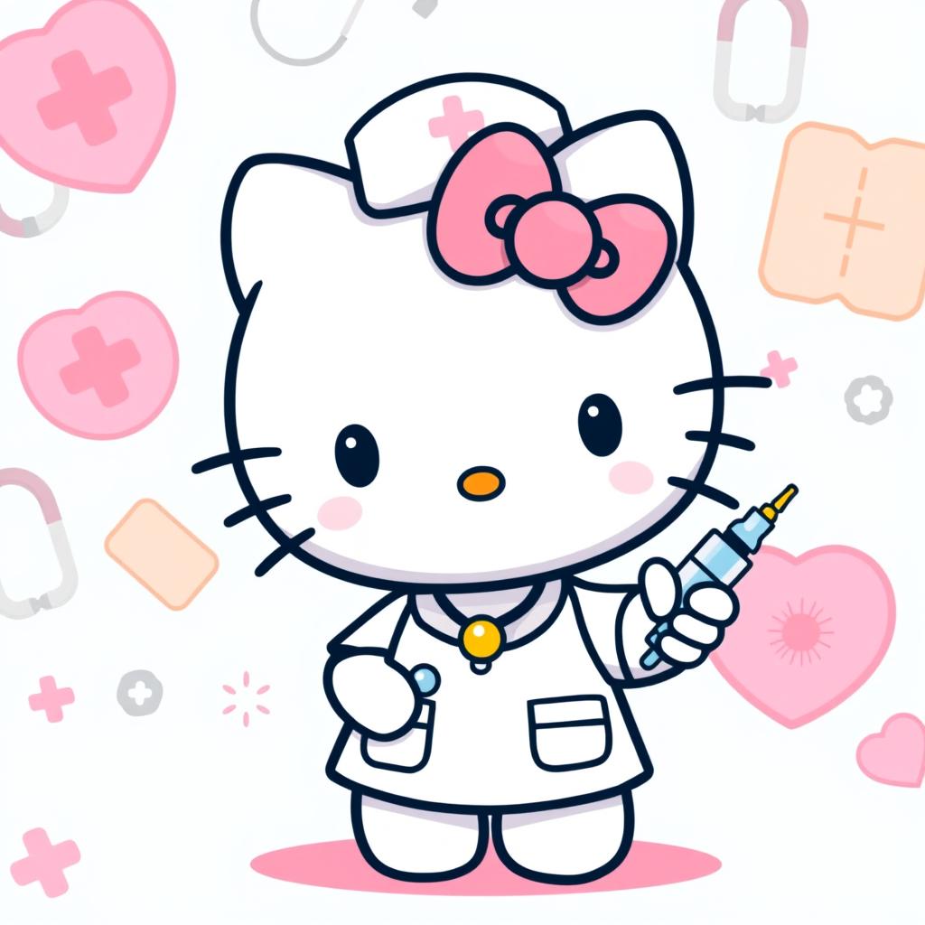 An adorable Hello Kitty dressed in a nurse's uniform, complete with scrubs and a white cap, holding a syringe in her hand