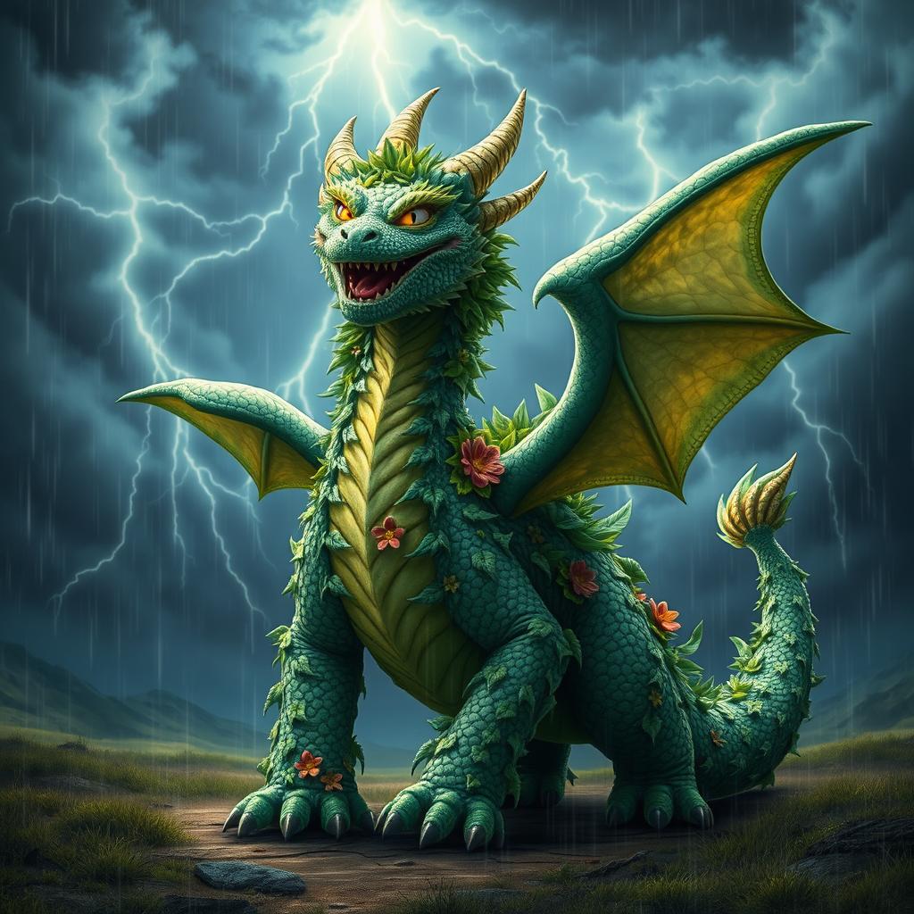 A mystical dragon with features of an Ivysaur, including vibrant green foliage and floral patterns on its scales, standing majestically in a dramatic landscape