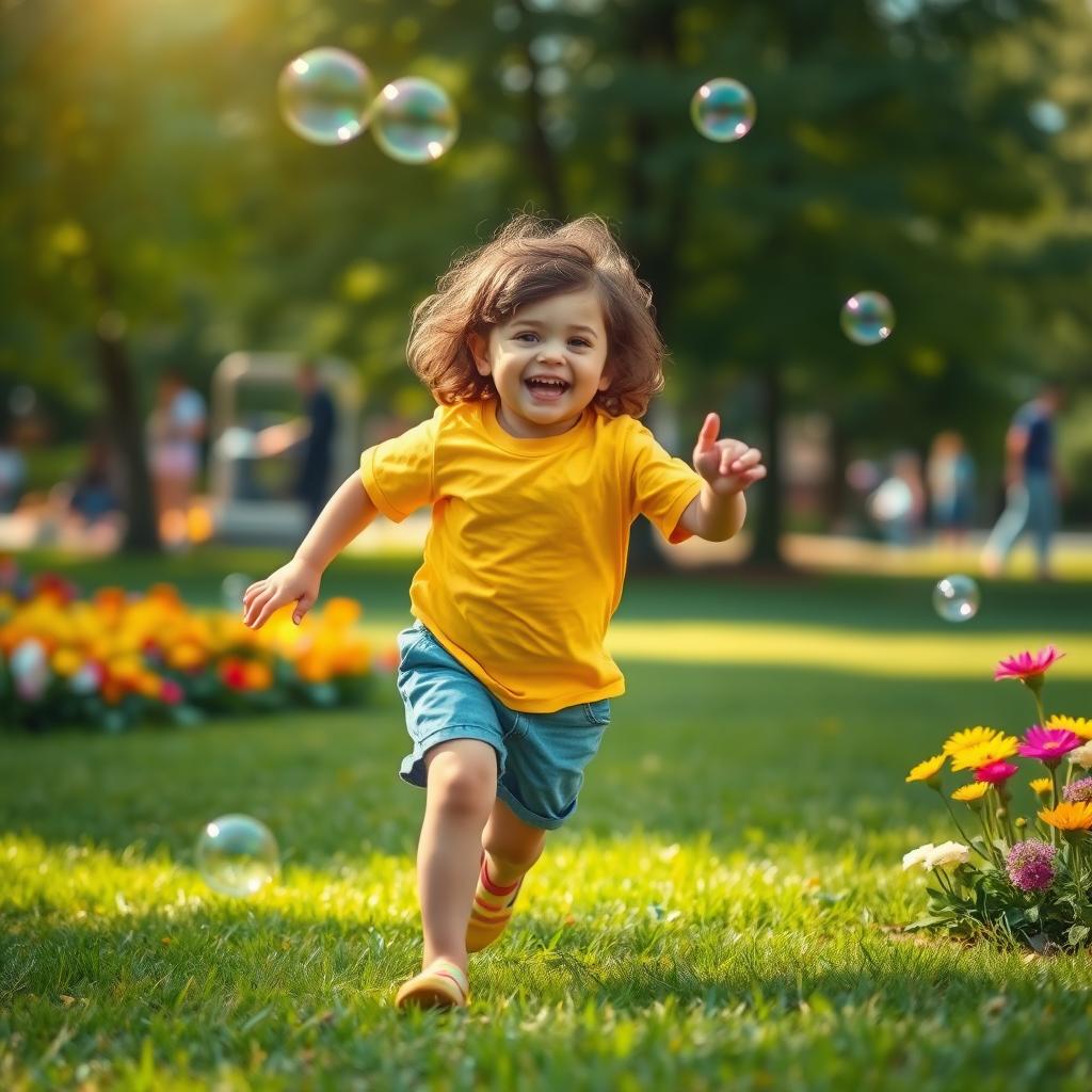 A child joyfully running after a soap bubble in a vibrant park, sunlight casting a warm glow