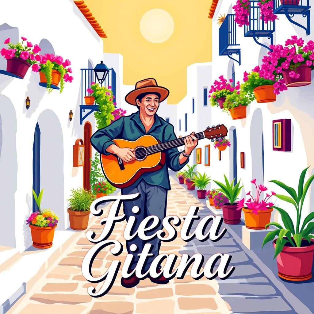 A vibrant and colorful vertical rectangular design featuring a guitarist in the center, playing a traditional Spanish guitar