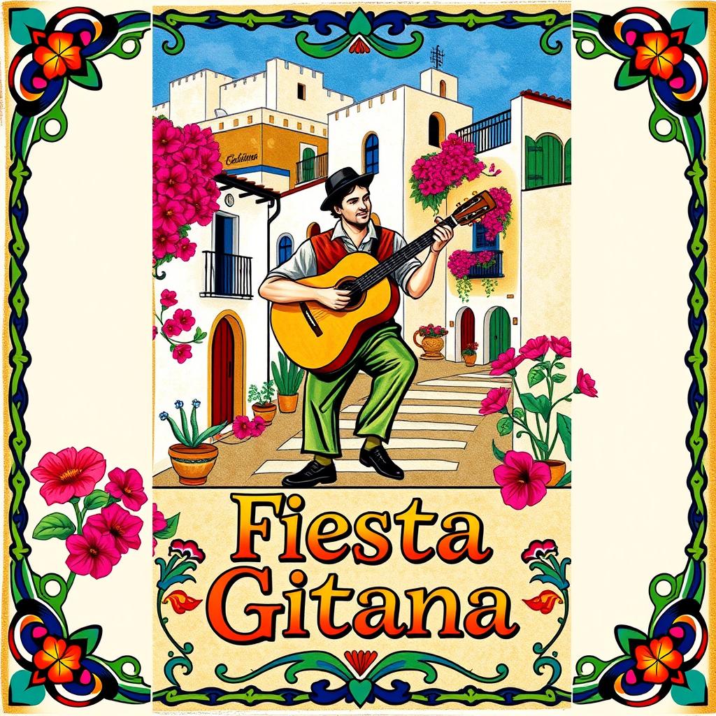 A vibrant and colorful vertical rectangular design featuring a guitarist at the center, playing a traditional Spanish guitar, set in a picturesque Andalusian village