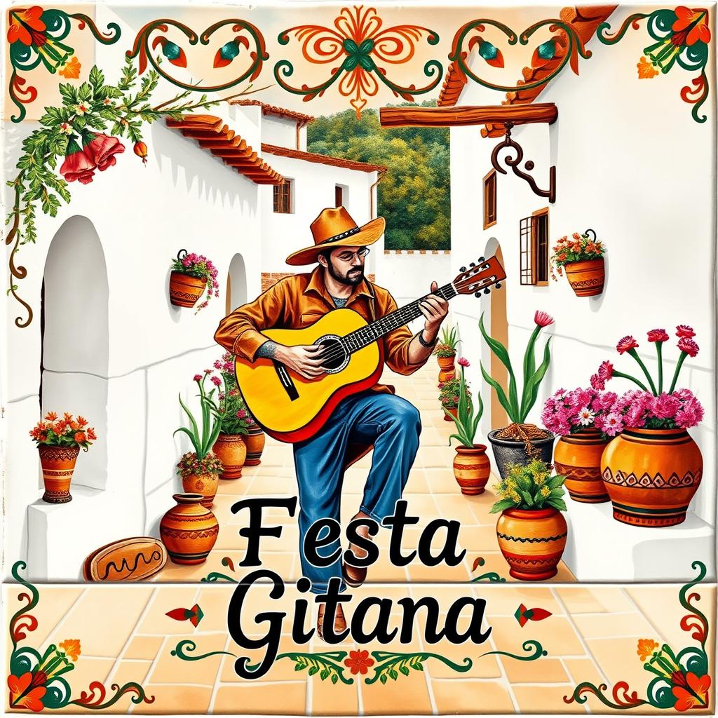 A vertical rectangular design featuring a guitarist in the center, playing a traditional Spanish guitar in a picturesque Andalusian village