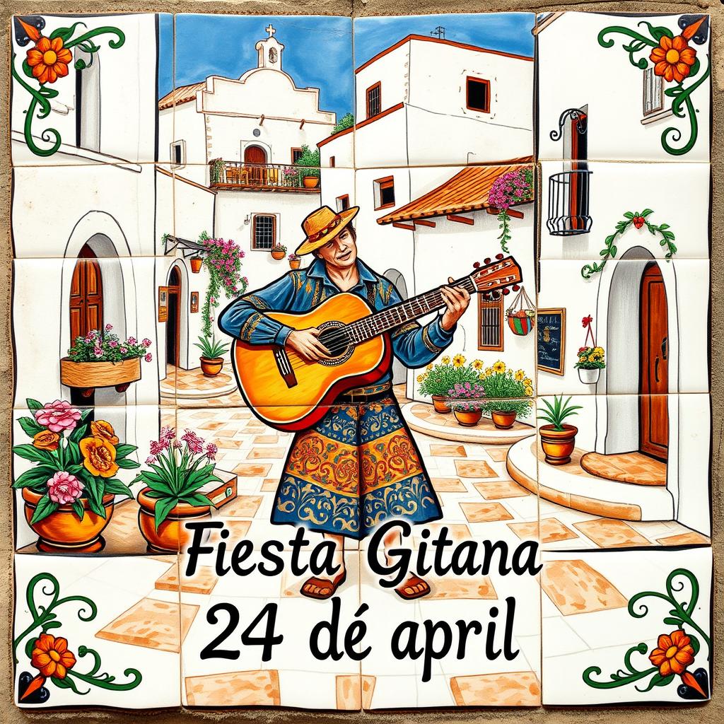 A vertical rectangular design featuring a guitarist in the center, playing a traditional Spanish guitar in a charming Andalusian village