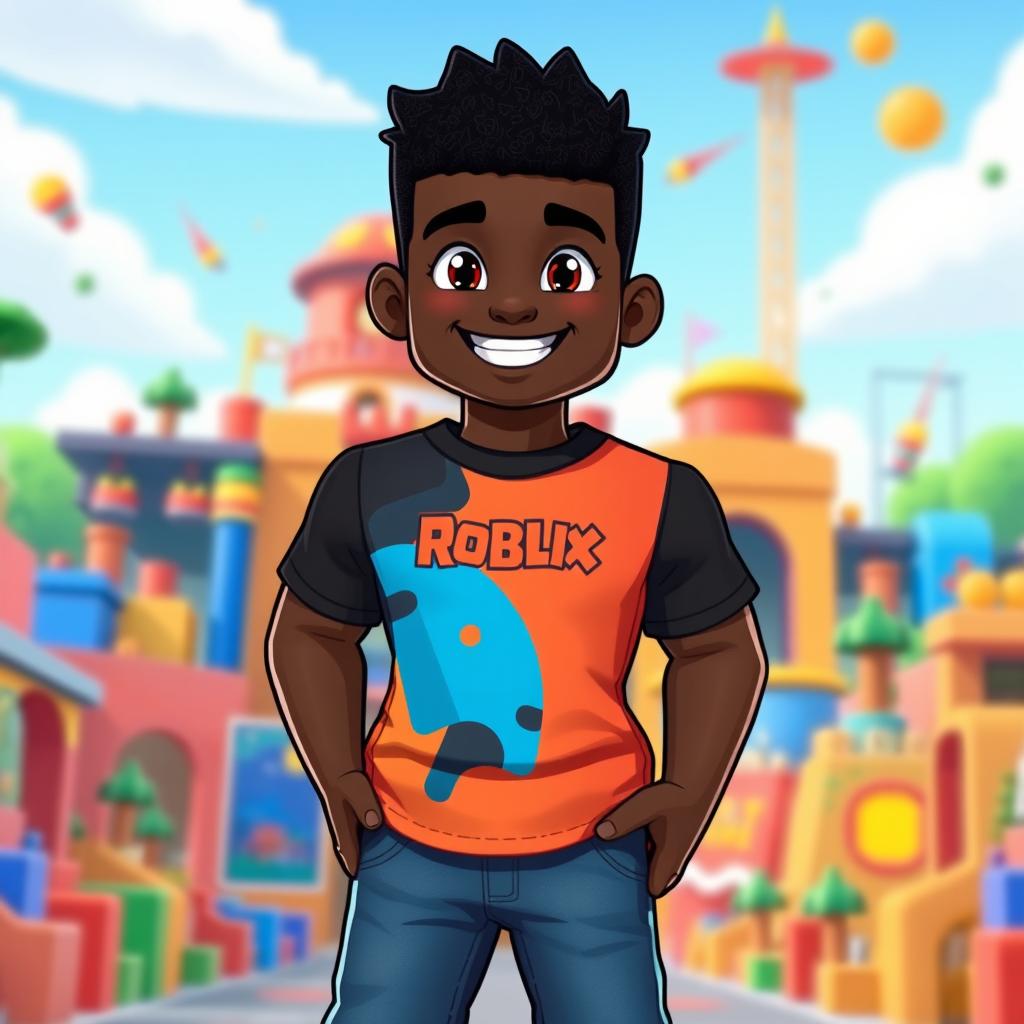 A young black male character resembling a Roblox avatar, with a stylish and modern outfit consisting of a vibrant graphic t-shirt, trendy jeans, and sneakers