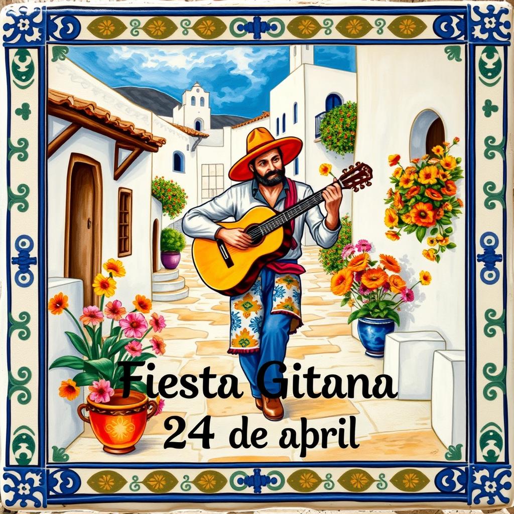 A vertical rectangular design featuring a guitarist in the center, passionately playing a traditional Spanish guitar in a charming Andalusian village