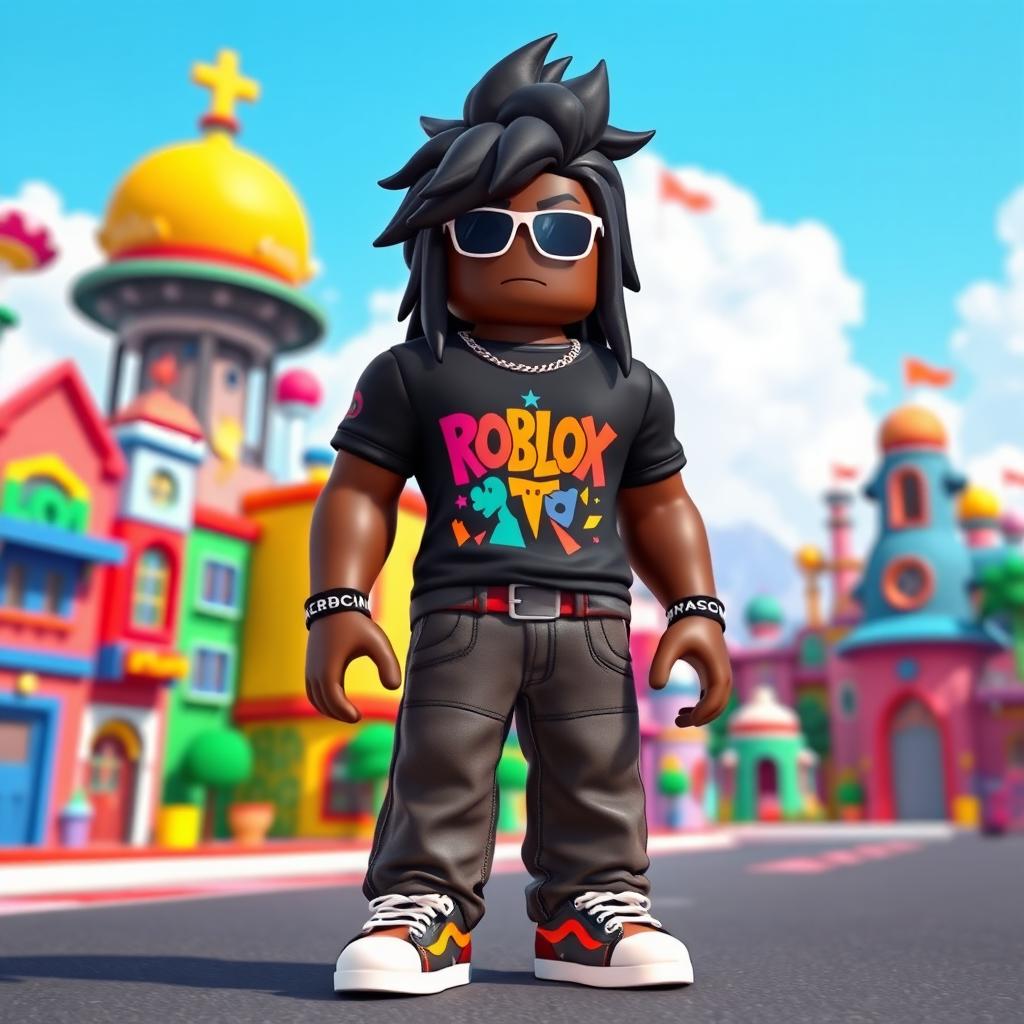 A cool, stylish Roblox character with a unique aesthetic, featuring dark skin and trendy urban attire