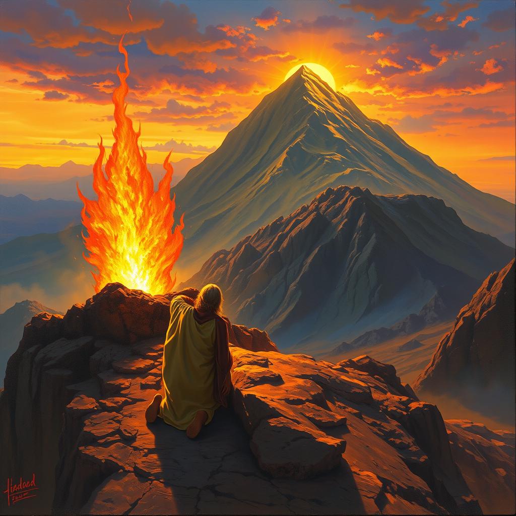 A dramatic painting of Moses kneeling in reverence before a flaming bush on top of Mount Sinai