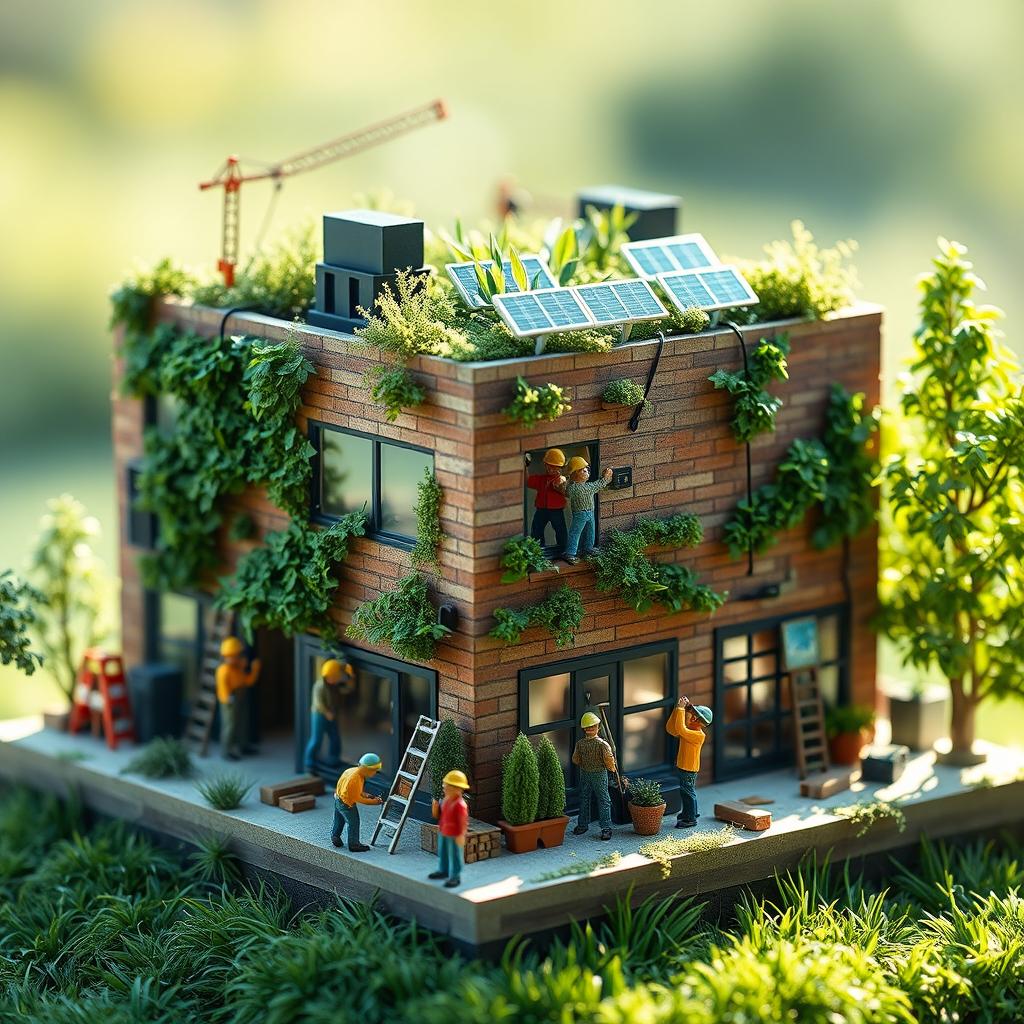 A highly detailed and cinematic scene depicting tiny miniature people working together to construct a beautiful commercial building made of eco-friendly bricks