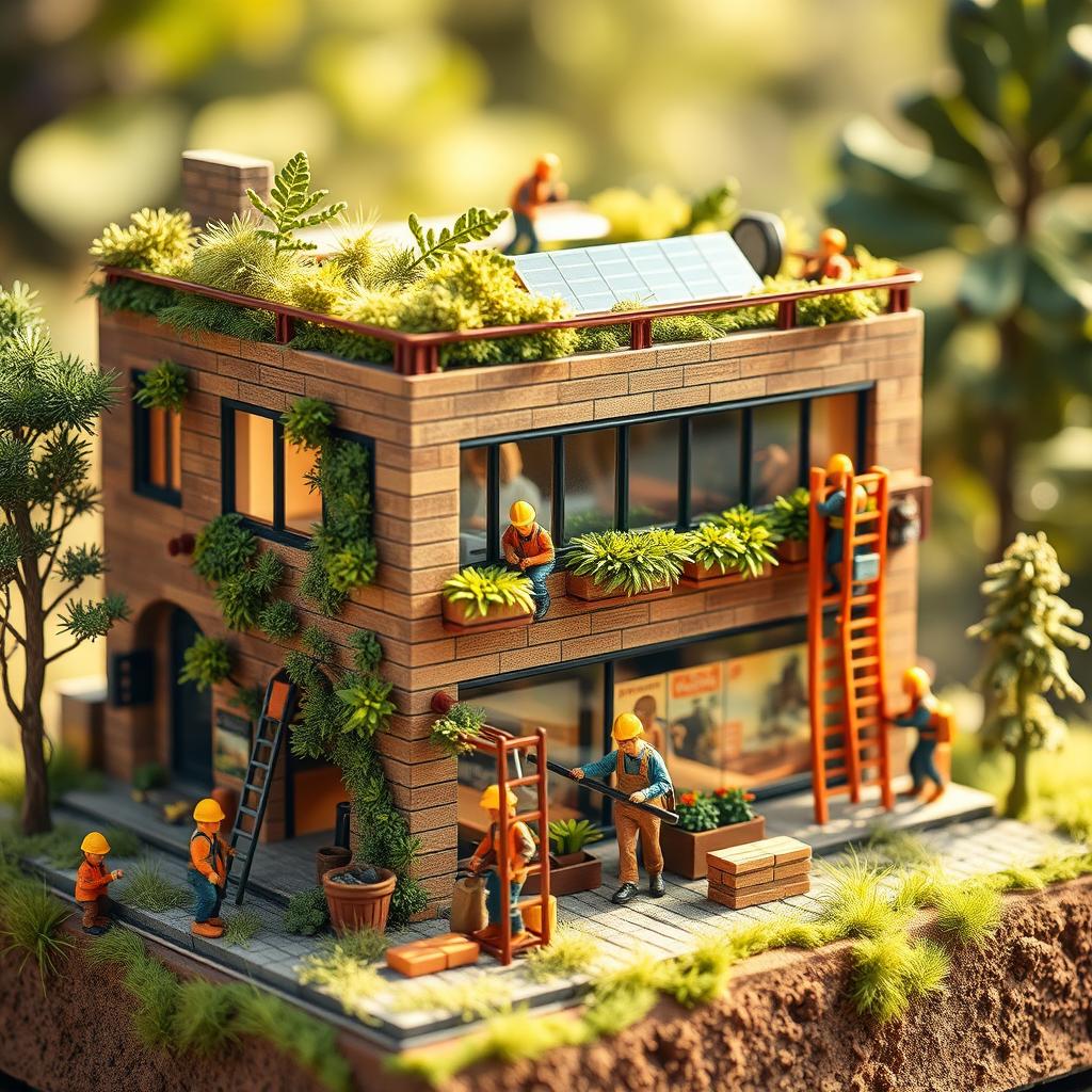 A highly detailed and cinematic scene of tiny miniature people dynamically collaborating to construct a beautiful commercial building using eco-friendly bricks
