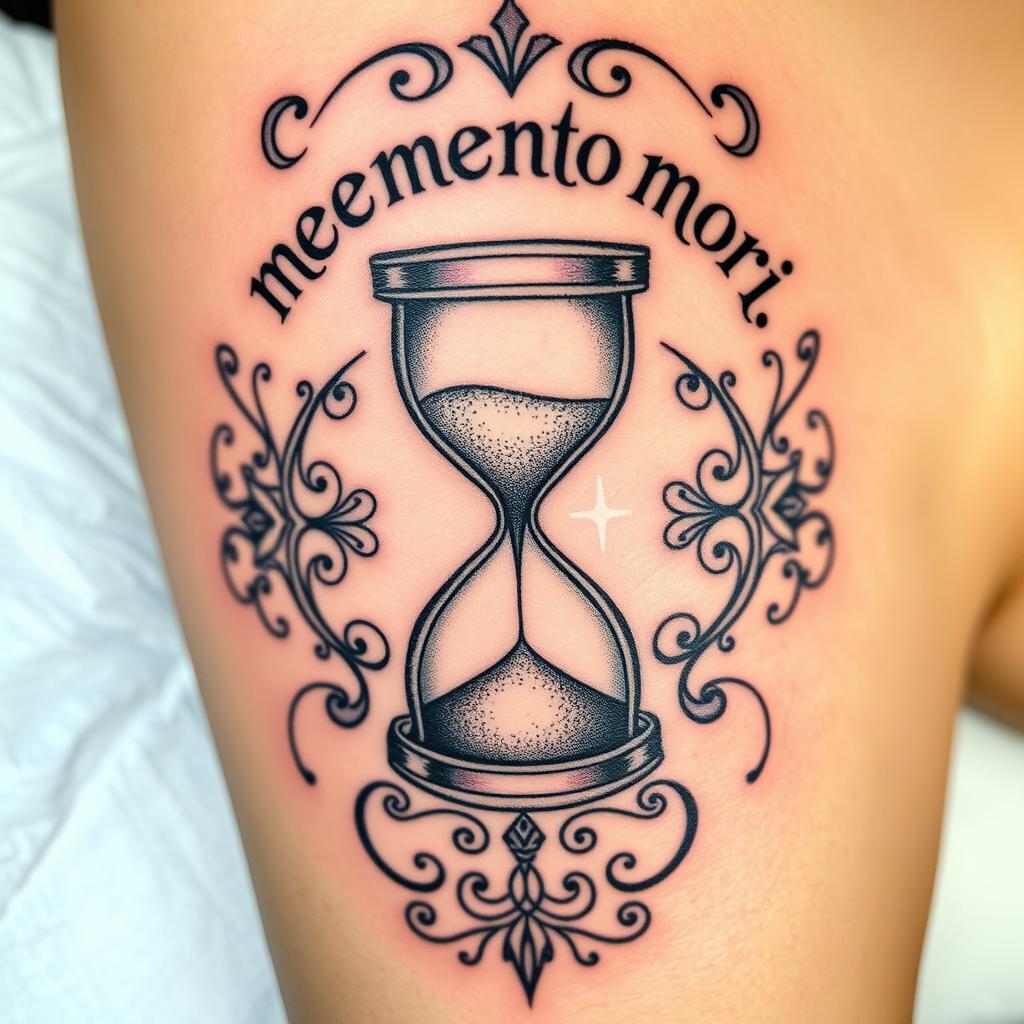 A beautifully designed hourglass tattoo surrounded by intricate patterns and symbols of time
