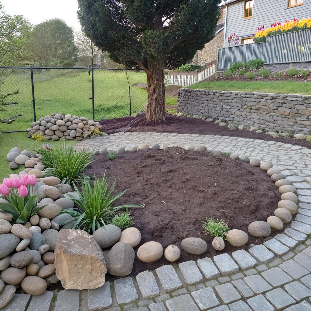 Take ot the stone walls. Create a little hill instead. Behind create some tuya in line. On the hill create a tuliptree abaut 2.5 m high and under the tree on the floor many flowers: liliom and hibiscus