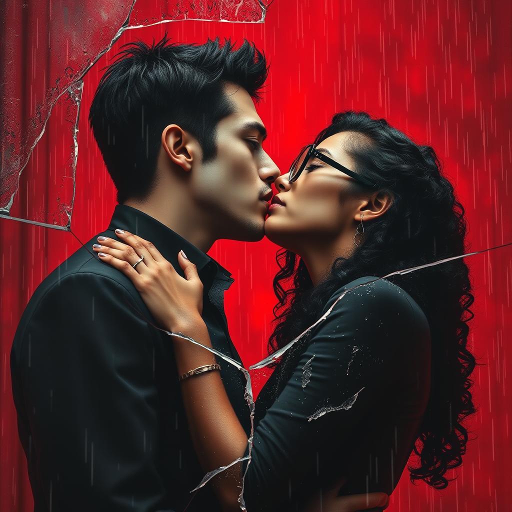 A striking book cover art featuring a dramatic and sinister scene with a red background and rain pouring down