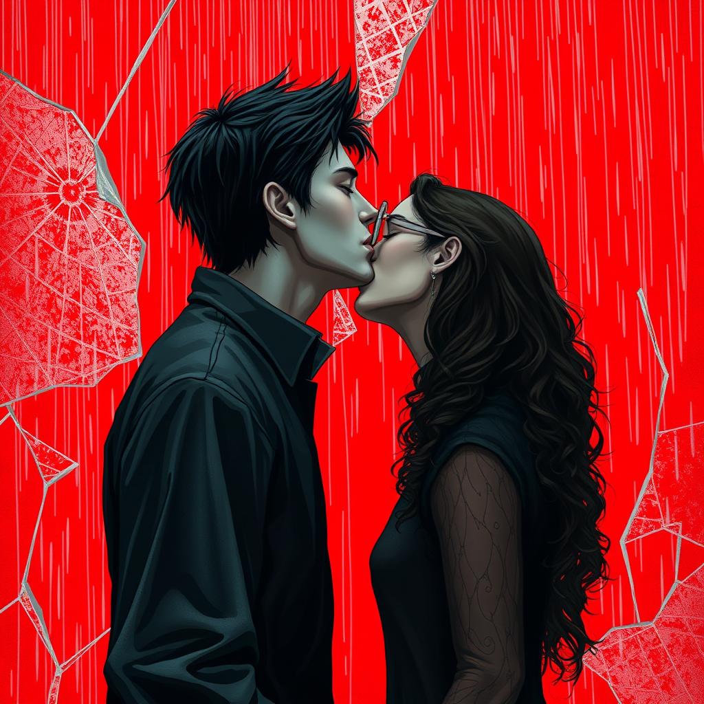 A sinister scene featuring a striking contrast with a bright red background while rain pours down