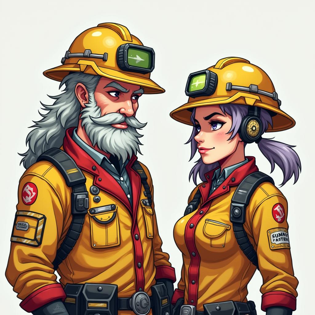 Pixel art style anime portraits of cyberpunk old male and female miner supervisors, both wearing yellow and red gear with helmets