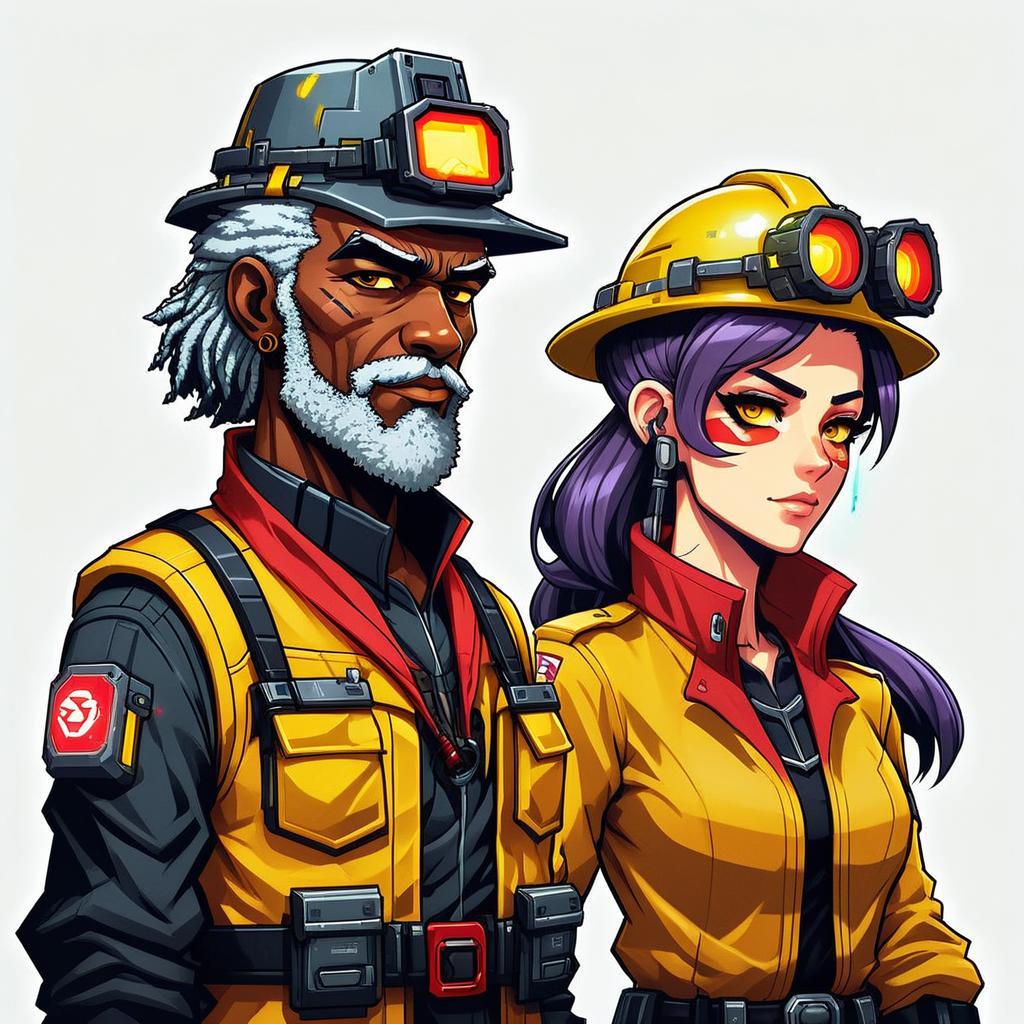 pixel art anime portraits of cyberpunk old black male and female miner supervisor with yellow and red gear