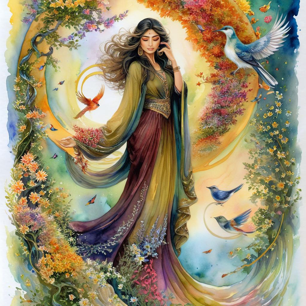 A mystical and spiritual full-body watercolor painting of a nice Iranian woman suspended in the air in a swirl of many colorful flowers, a maze of asymmetrical bonsai trees, a whirlwind of beautiful little birds, and a forest with a spectrum of green colors