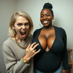 In a basic room, a very short and malnourished 20-year-old blonde woman with blue eyes is depicted, wearing a sweater and expressing extreme anger