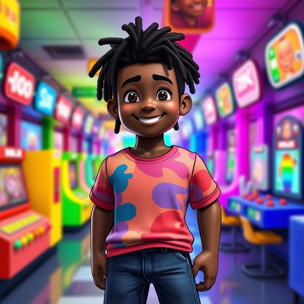 A young Black male character in the style of Roblox, featuring short, stylish dreadlocks