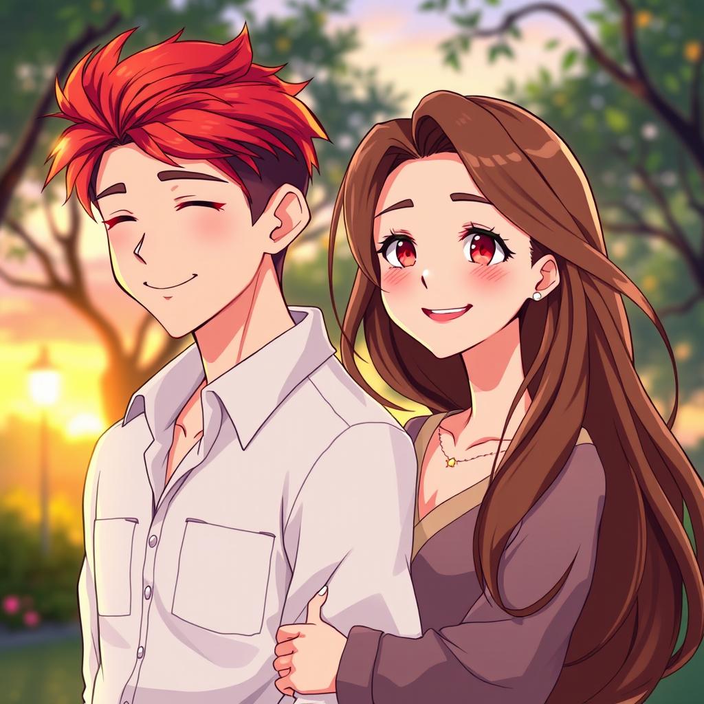 An anime-style illustration of an adult couple, beautifully rendered in vibrant colors