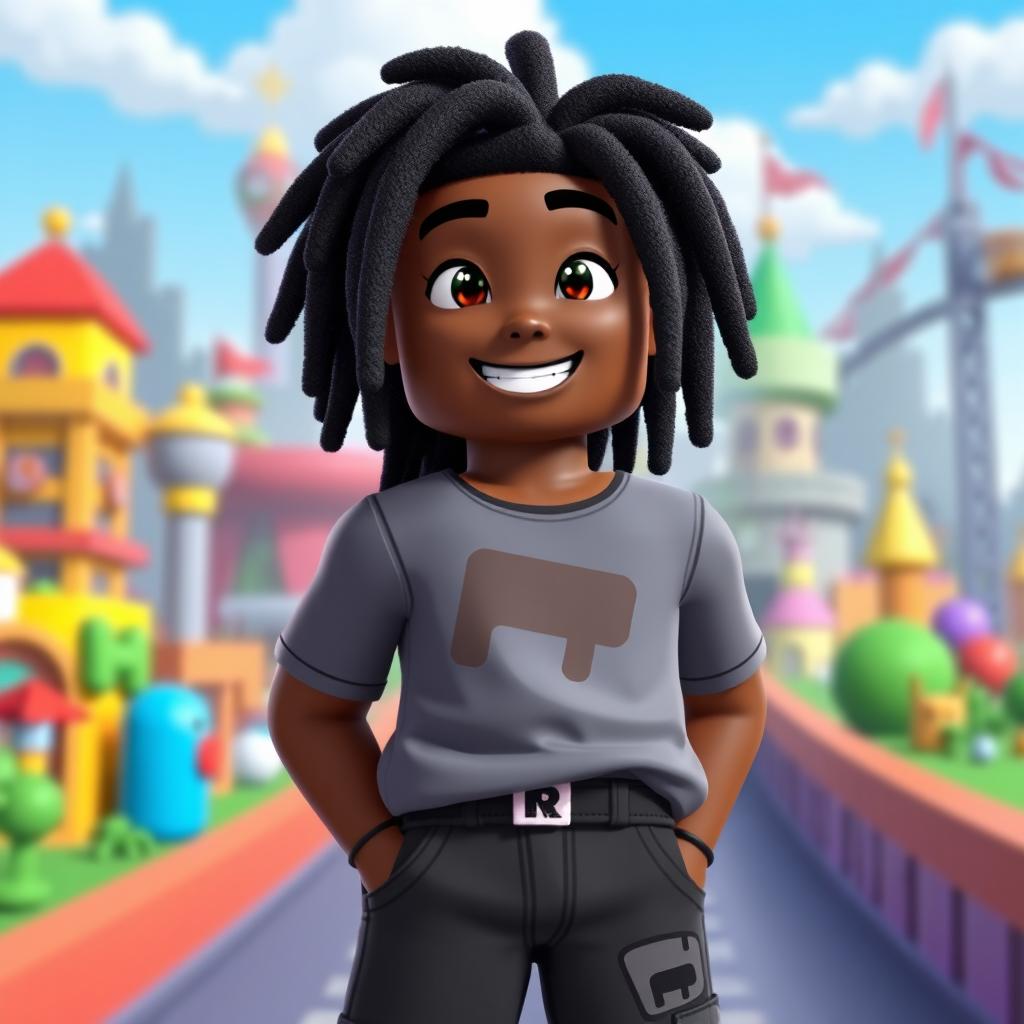 A young Black male character in the style of Roblox, featuring medium-length dreadlocks