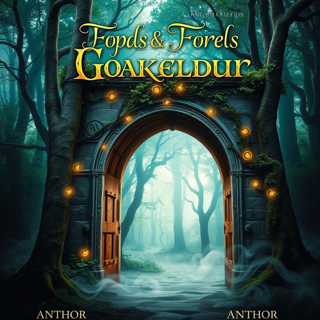 A captivating book cover design showcasing a mystical forest with ethereal lighting filtering through the trees
